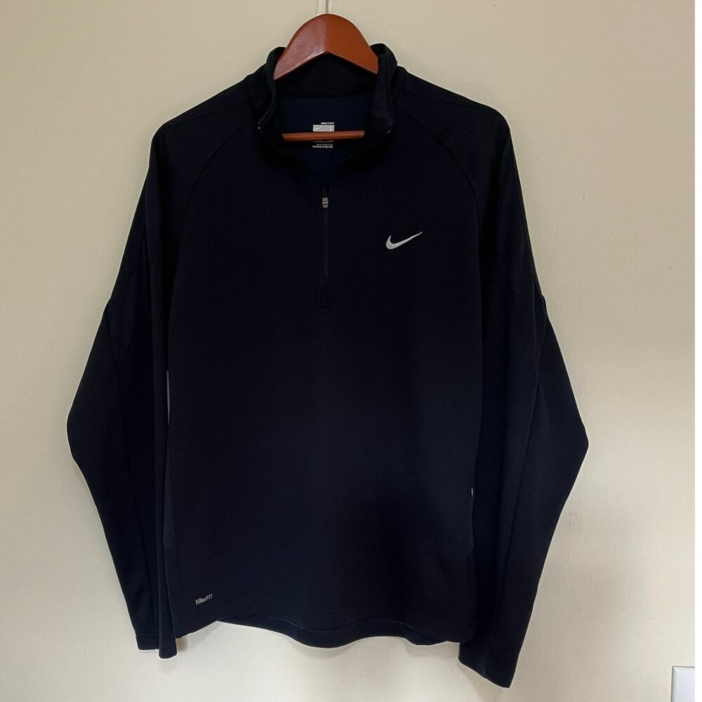 Nike L FIT DRY Navy Blue Quarter Zip Pullover Running Training Top Pockets Mens